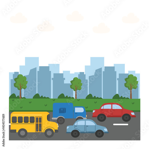 Urban landscape. Environmental pollution. Large industrial city. Exhaust gases are emitted from vehicles. Flow of cars moves and does not stop. Traffic. Work transportation