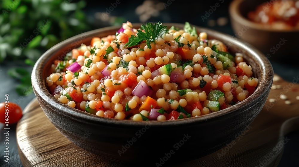 A vibrant bowl of couscous salad with fresh vegetables and herbs perfect for healthy eating an A vibrant bowl of couscous salad with fresh vegetables and herbs perfect for healthy eating an