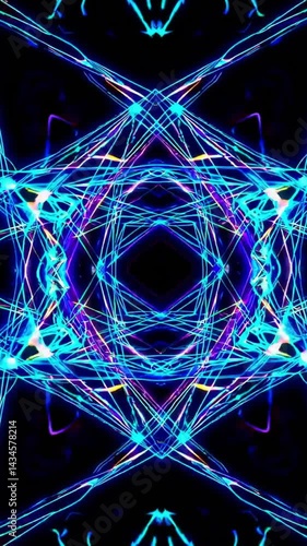 Vertical screen, neon geometric shapes transforming into vibrant kaleidoscopic patterns, generating mesmerizing abstract visual design