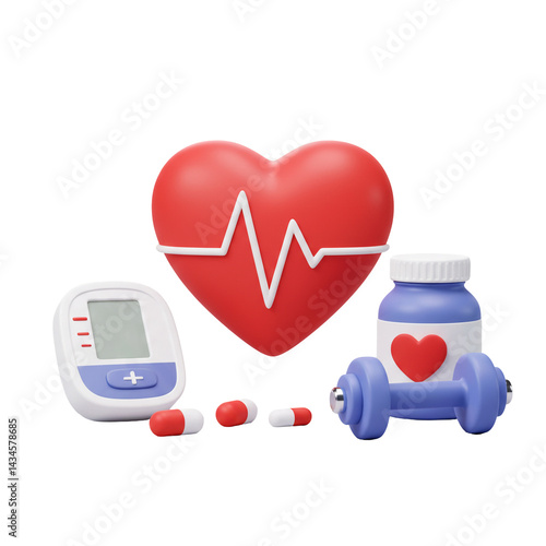Monitoring health with heart pills blood pressure and dumbbell equipment