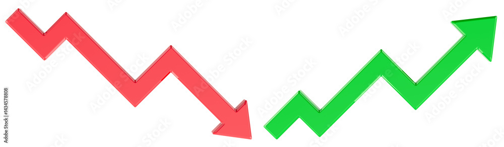 Graphs going Green arrow up and Red arrow down, 3D rendering isolated on transparent background