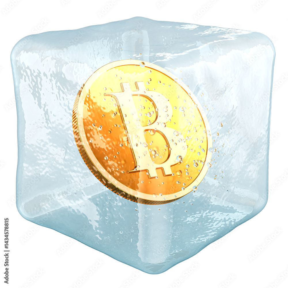 Frozen bitcoin, concept. Bitcoin in ice cube, 3D rendering isolated on transparent background