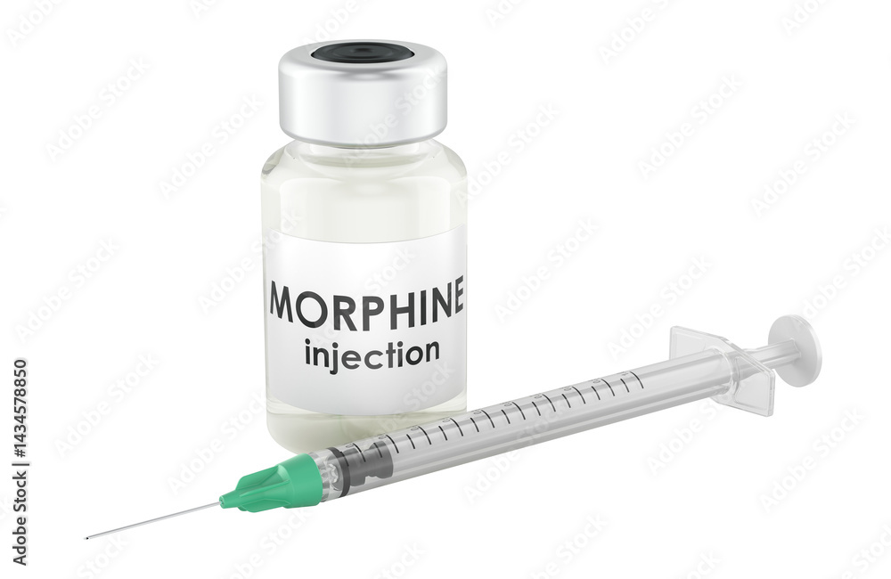 Morphine, morphia vial injection and syringe. 3D rendering isolated on transparent background