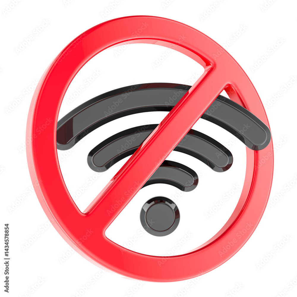 Forbidden sign with Wi-Fi symbol, 3D rendering isolated on transparent background
