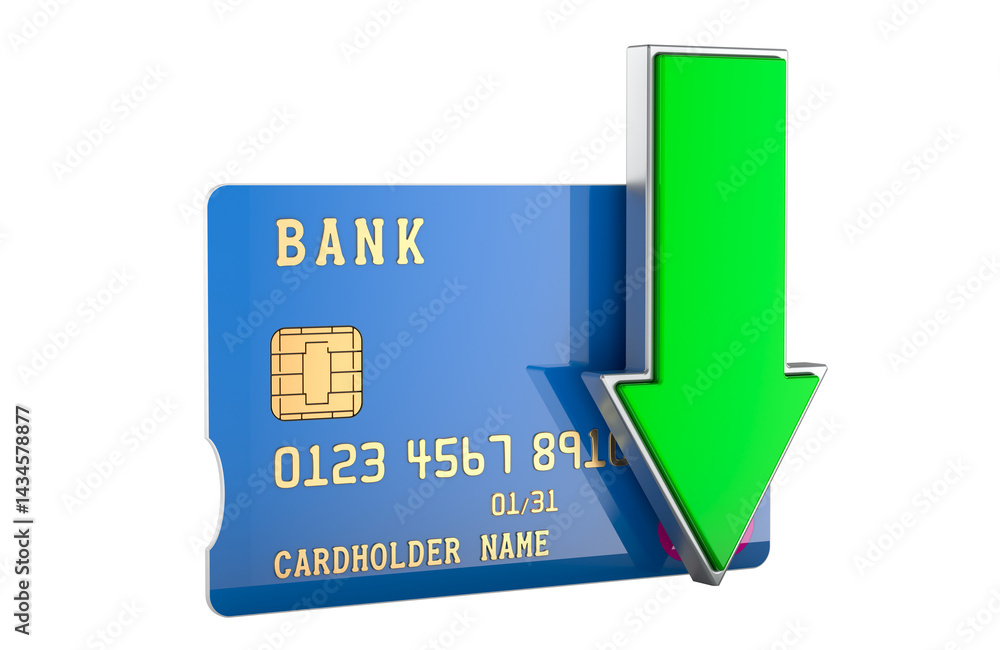 Money Received, concept. Credit card with green arrow down. 3D rendering isolated on transparent background
