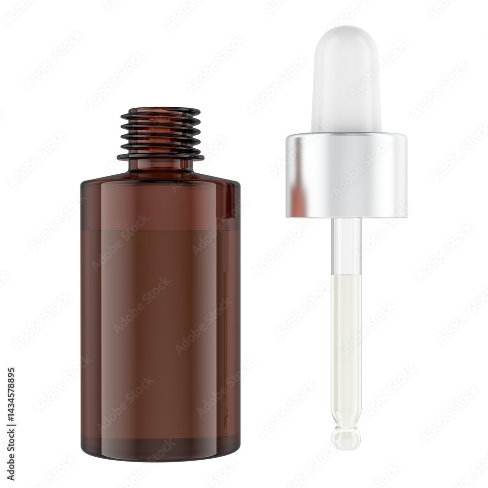 Droplet bottle with a dosing pipette full of serum. 3D rendering isolated on transparent background