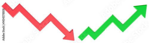 Obraz na płótnie Graphs going Green arrow up and Red arrow down, 3D rendering isolated on transparent background w salonie