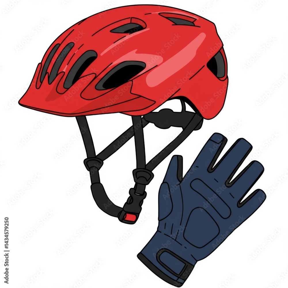 Fototapeta premium Red Bicycle Helmet and Blue Cycling Gloves