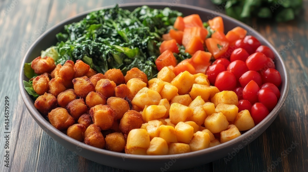 Colorful and Nutritious Salad Bowl with Fresh Vegetables Crispy Nuggets and Cubed Potatoes Colorful and Nutritious Salad Bowl with Fresh Vegetables Crispy Nuggets and Cubed Potatoes