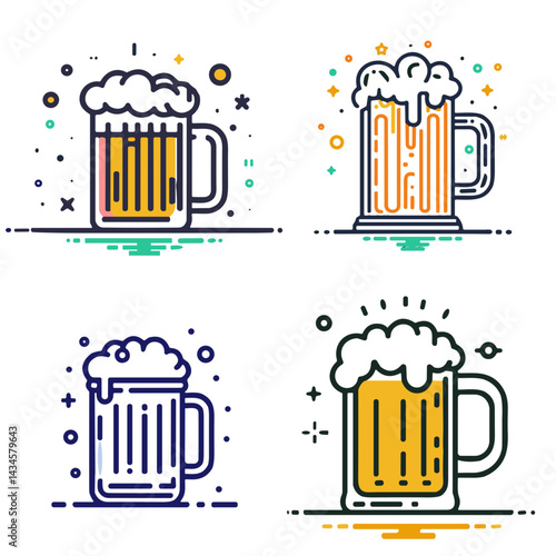 Colorful Beer Mugs in Linear Style Against White Background  