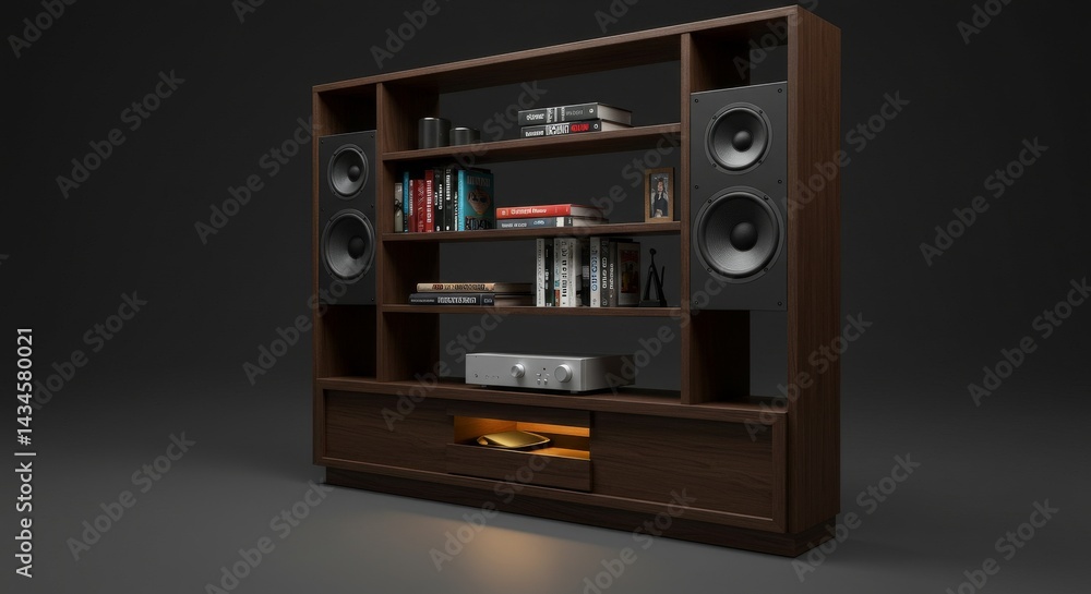 Obraz premium Sleek Audio Bookshelf: Integrated Music and Home Decor - Modern bookshelf design seamlessly integrates high-fidelity audio speakers