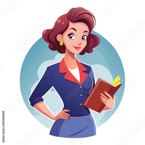 Smiling woman in business attire holding a book (1)