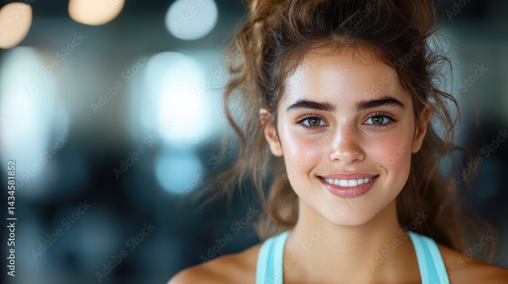 A young woman with a bright smile in a fitness studio embodies positivity and joy, illustrating the uplifting nature of exercise and the joy of achieving personal fitness goals. A young woman with a bright smile in a fitness studio embodies positivity and joy, illustrating the uplifting nature of exercise and the joy of achieving personal fitness goals.