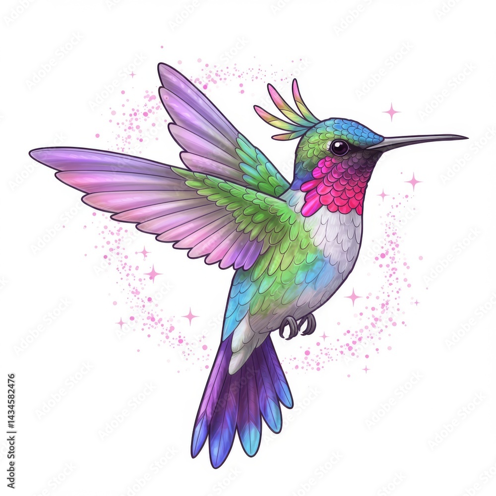 Fototapeta premium Vibrant Rainbow Hummingbird in Flight with Pink Sparkles