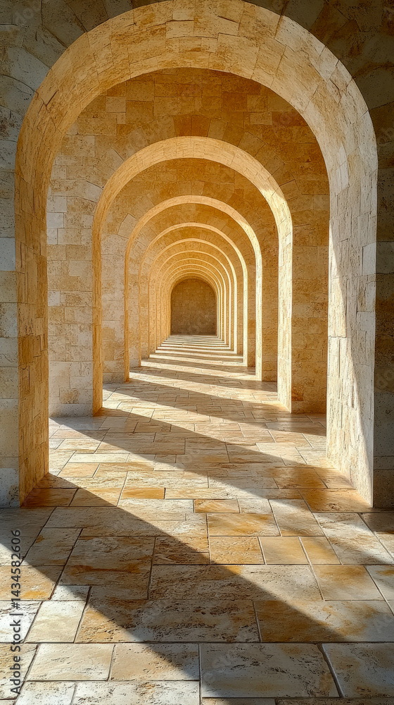Obraz premium Archway shadows create an abstract light display in a serene corridor space