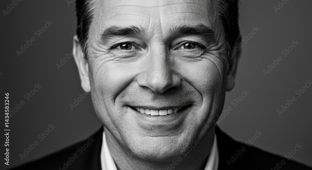 Fototapeta premium Successful Businessman Portrait - Black and white headshot of a smiling middle-aged man in a suit, conveying confidence and success