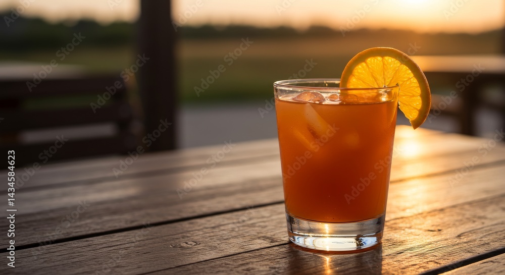 Sunset Iced Tea on Wooden Table - Refreshing iced tea with orange slice, ice cubes in a glass, sits on a wooden table at sunset Sunset Iced Tea on Wooden Table - Refreshing iced tea with orange slice, ice cubes in a glass, sits on a wooden table at sunset