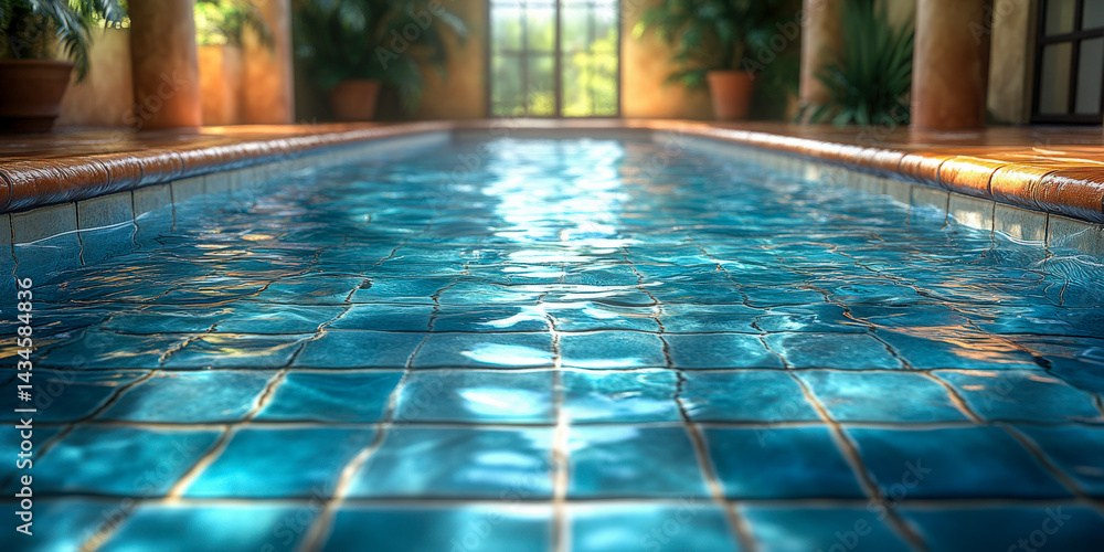 Obraz premium Exploring cool ceramic tiles by a shimmering pool in a bright summer atmosphere with lush greenery