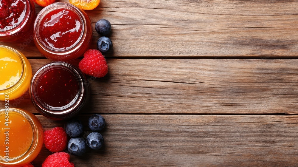 An enticing display of assorted fruit jam jars surrounded by fresh berries on a wooden table, reflecting the warmth of homemade goodness and the beauty of natural ingredients. An enticing display of assorted fruit jam jars surrounded by fresh berries on a wooden table, reflecting the warmth of homemade goodness and the beauty of natural ingredients.