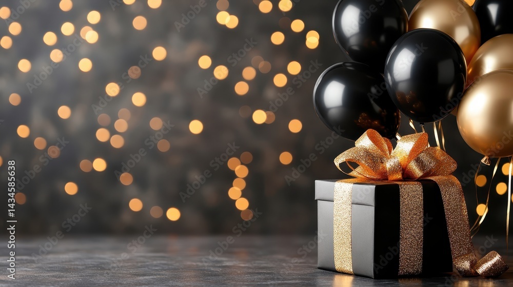 Naklejka premium A beautifully wrapped gift sits elegantly amidst an array of balloons, creating a joyful atmosphere filled with celebration and anticipation of special moments.