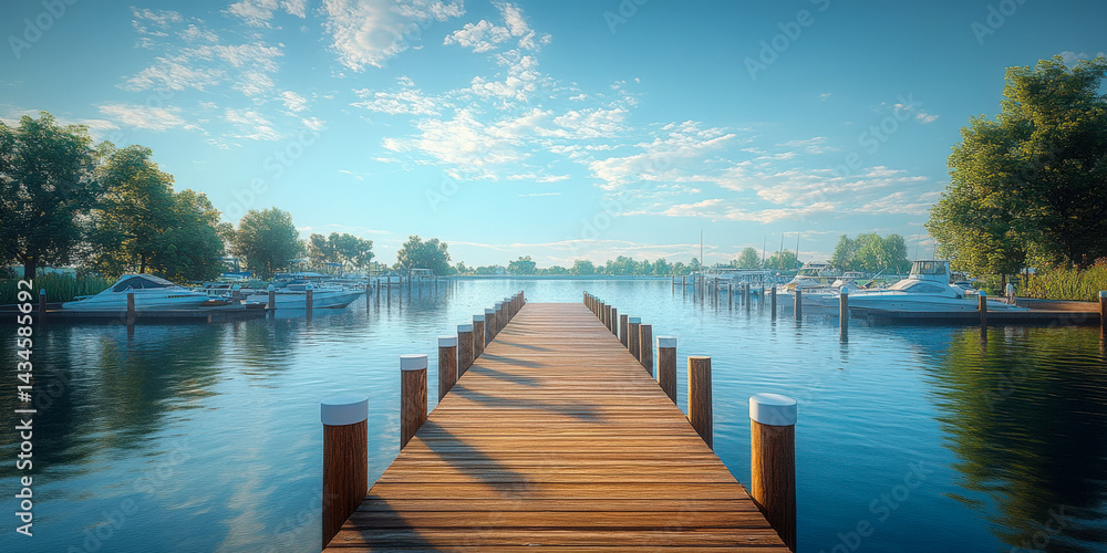 Fototapeta premium Deserted marina docks feature empty summer spots in a calm and serene setting with clear blue water and lush greenery