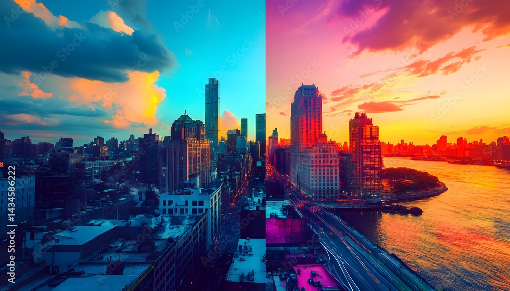 Obraz premium A stunning city skyline split between day and night, showcasing vibrant colors. Skyscrapers rise against a dramatic sky, creating an awe-inspiring urban landscape.