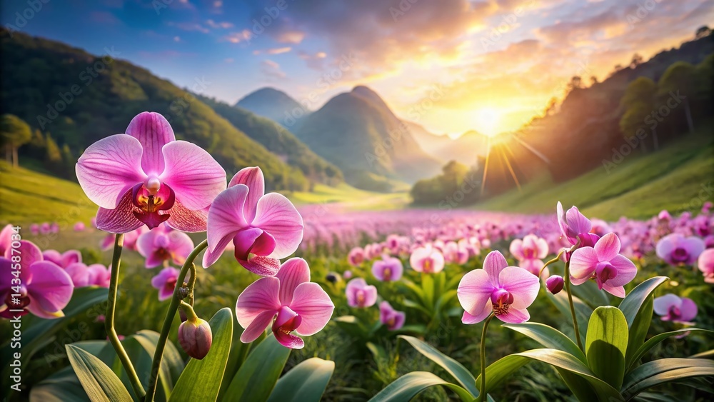 Fototapeta premium Delicate Pink Orchid Landscape: Floral Art in Nature
