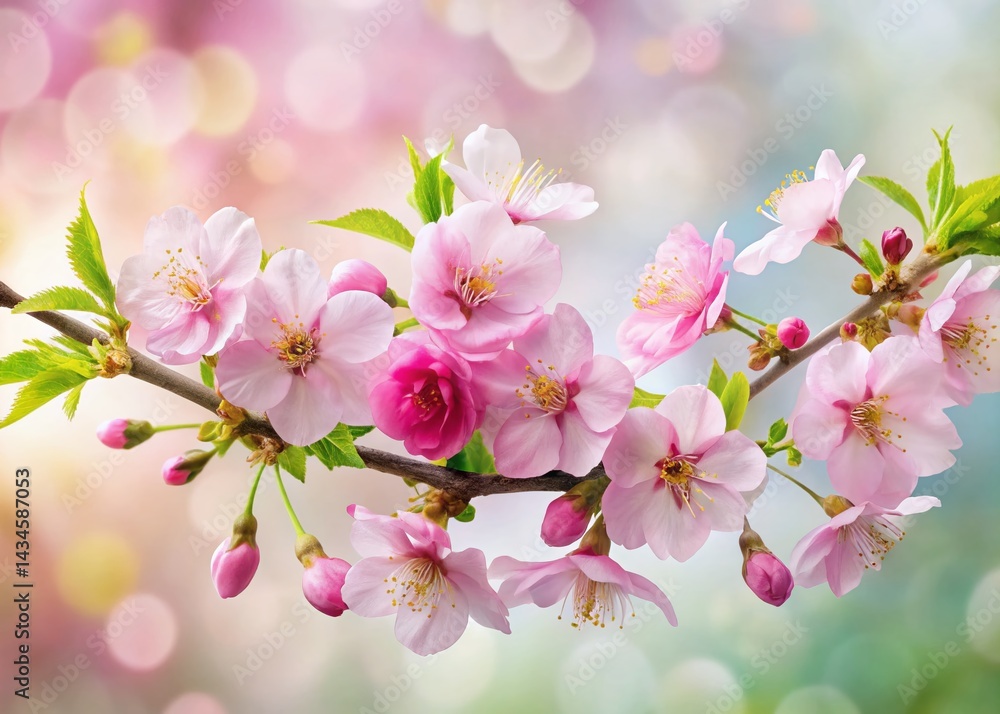 Obraz premium Delicate Single Cherry Blossom Branch on White Background - Spring Floral Photography