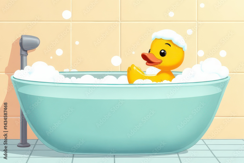 Naklejka premium Quack & Relax: Playful Duck in Modern Bathtub Vector Art - Pastel Tones & Clean Aesthetic