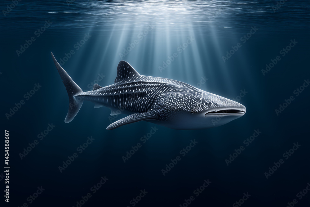 Naklejka premium Whale Shark Submerged: A majestic whale shark gracefully glides through the deep, its spotted skin reflecting the ethereal beams of sunlight that pierce the water.