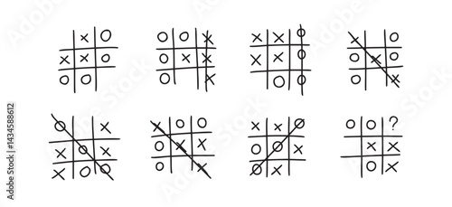 Hand drawn tic tac toe game, doodle X-O children game. Noughts and win. Play tictactoe draw.