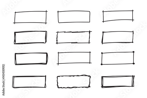 Hand drawn doodle vector rectangle frames. Grungy scribble rectangle frames. Doodle geometric borders. Pen ink empty black text boxes set. 