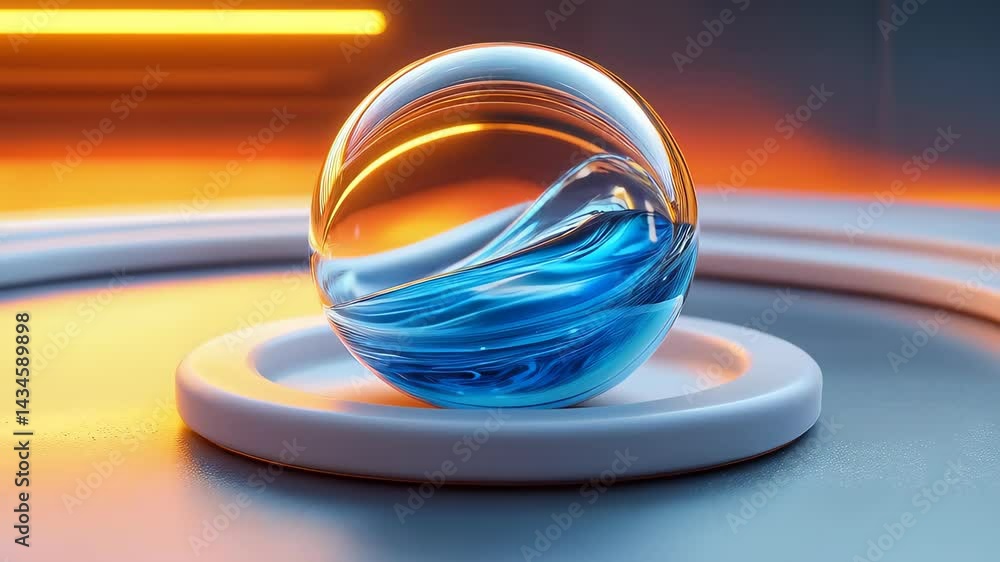 A glass sphere featuring swirling blue and white patterns, illuminated against an orange and yellow background, showcasing a modern design.