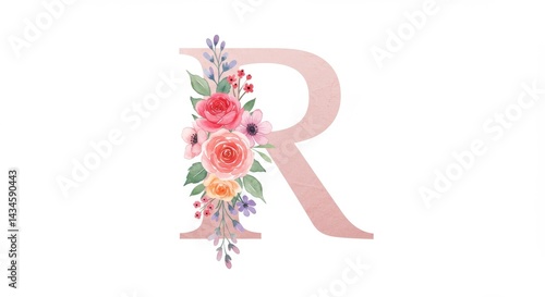 Watercolor Floral Letter R Design - Elegant watercolor letter R adorned with a vibrant bouquet of roses, symbolizing romance, growth, beauty, new beginnings, and femininity