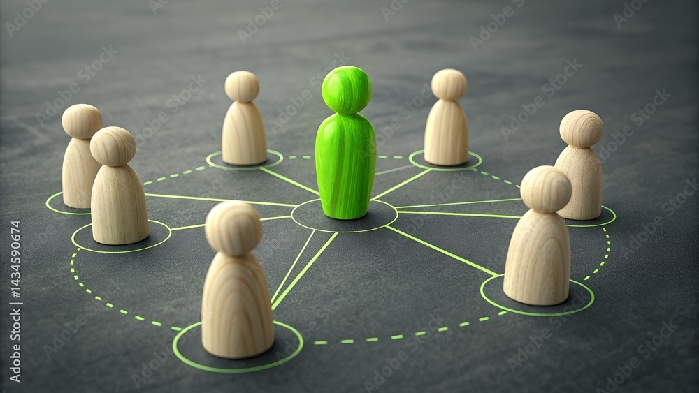 Obraz premium Green Leader: A green wooden figure stands out as a central figure surrounded by other wooden figures, symbolizing leadership and team dynamics.