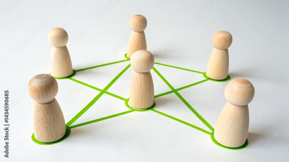 Obraz premium Connection and Community: Symbolic figurines stand together, linked by a network of interconnected lines, representing unity, synergy, and the power of collaboration.