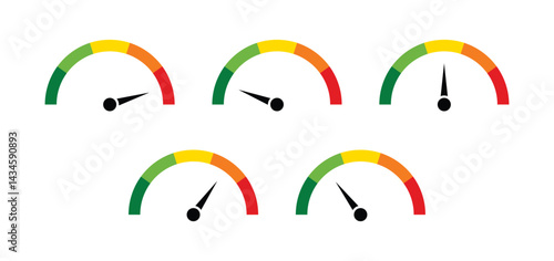 Speedometer icons with arrow. Dashboard with green, yellow and red indicators. tachometer. Low, medium, high and risk levels.