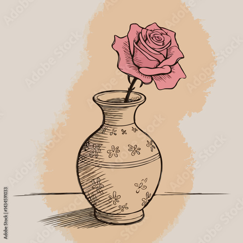Hand-drawn vase with a blooming rose on a textured background  