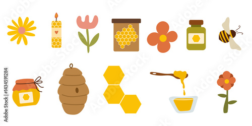 Set of beekeeping elements. Honey, candle, flower, bee and cream