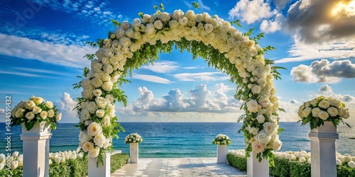 Elegant Beach Wedding Arch  White Roses  Ocean View  Sunlight Reflection