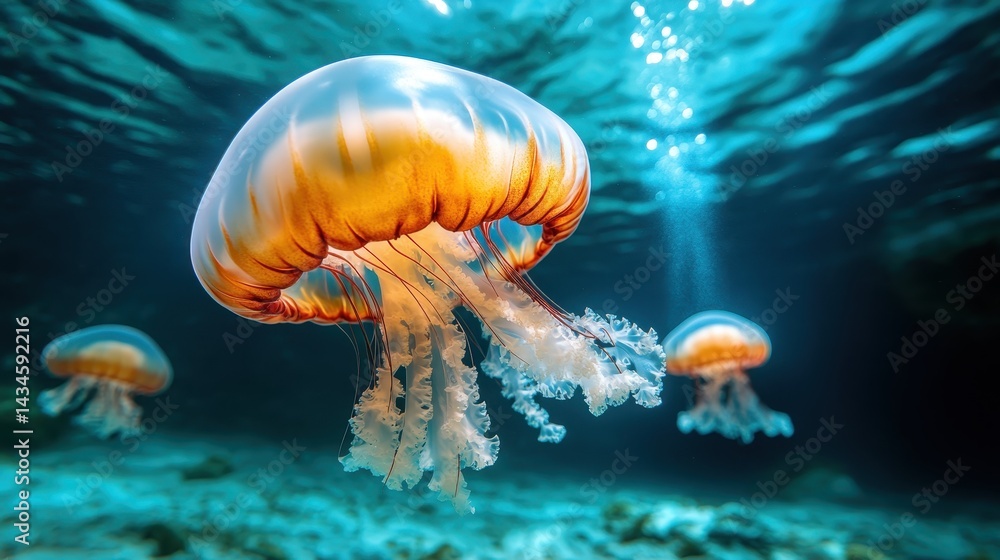 Graceful jellyfish float serenely in a pool of crystal-clear water, showcasing their delicate beauty and fluid movements, captivating viewers with their natural elegance. Graceful jellyfish float serenely in a pool of crystal-clear water, showcasing their delicate beauty and fluid movements, captivating viewers with their natural elegance.