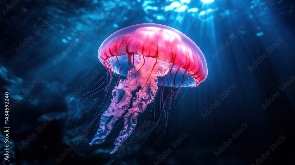 Fototapeta premium A stunningly vibrant pink jellyfish floats in the depths of the ocean, its ethereal glow captivating as it dances with the currents in a mesmerizing underwater environment.