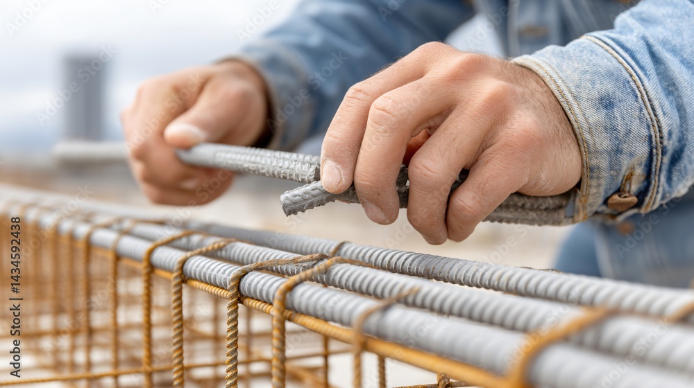 Fototapeta premium A close up of a construction worker tying rebar intersections with wire in a slab reinforcement grid building under construction foundation detail