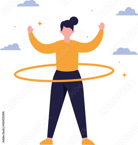 Woman exercising with hula hoop fitness activity in outdoor setting with clouds and casual clothing vector illustration 