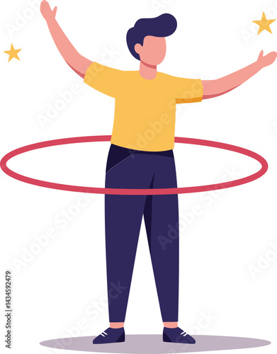 Young man exercising with red hula hoop and yellow shirt in simple flat vector style
