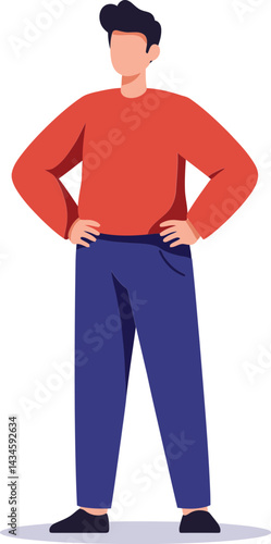 Young man standing with hands on hips wearing red sweater and blue pants vector illustration 