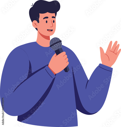 Man speaking with microphone in blue sweater presenting or performing vector illustration