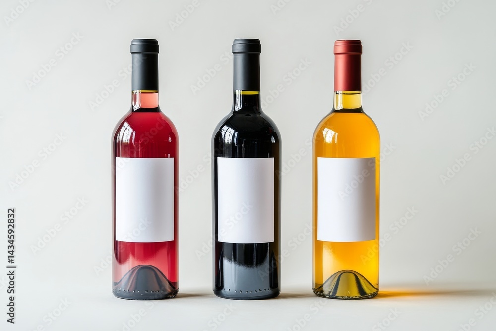 A solitary mockup featuring white, red, and rose wine bottles set against a white backdrop, created using 3D rendering techniques A solitary mockup featuring white, red, and rose wine bottles set against a white backdrop, created using 3D rendering techniques