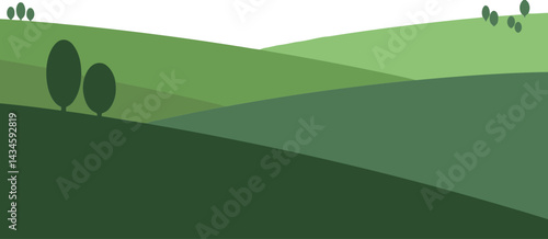 Rolling green hills landscape vector with simplified tree shapes and layered grass textures in flat design style 