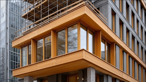 A modern office block under construction with glass curtain wall sections installed and scaffold removed on upper floors building under construction facade work
